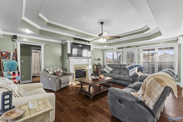 living room with crown molding, a fireplace, dark hardwood / wood-style floors, and a raised ceiling