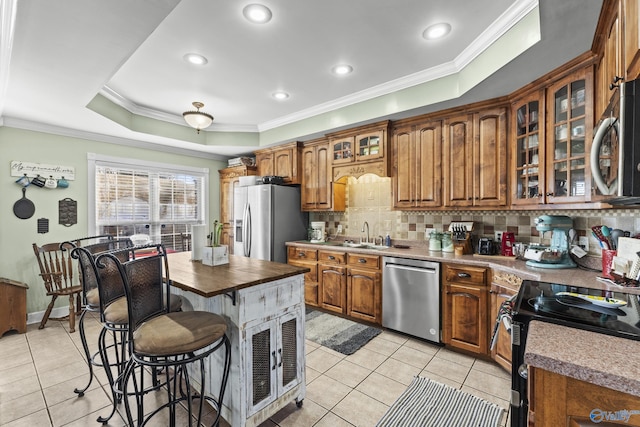 kitchen featuring crown molding, stainless steel appliances, a raised ceiling, and light tile patterned floors