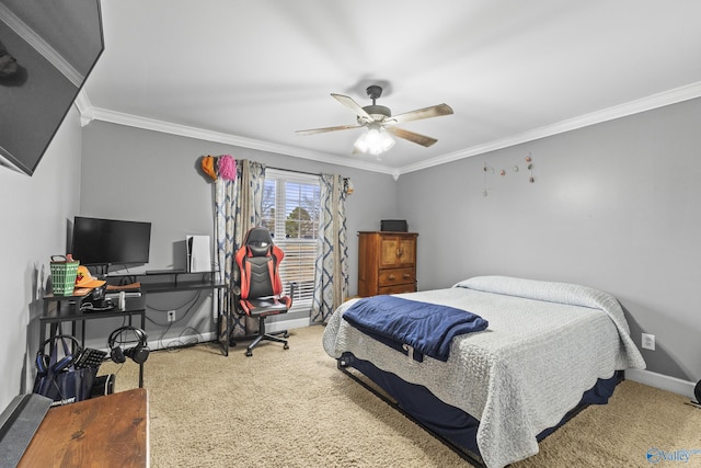 bedroom featuring ornamental molding, ceiling fan, and carpet flooring