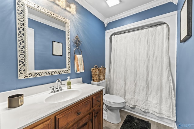 bathroom featuring hardwood / wood-style floors, a shower with shower curtain, vanity, ornamental molding, and toilet