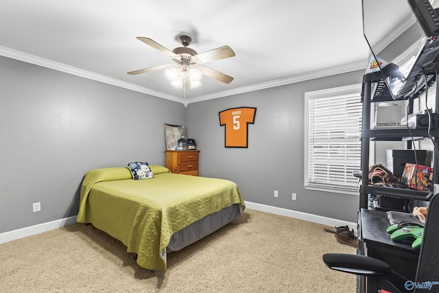 carpeted bedroom featuring crown molding and ceiling fan