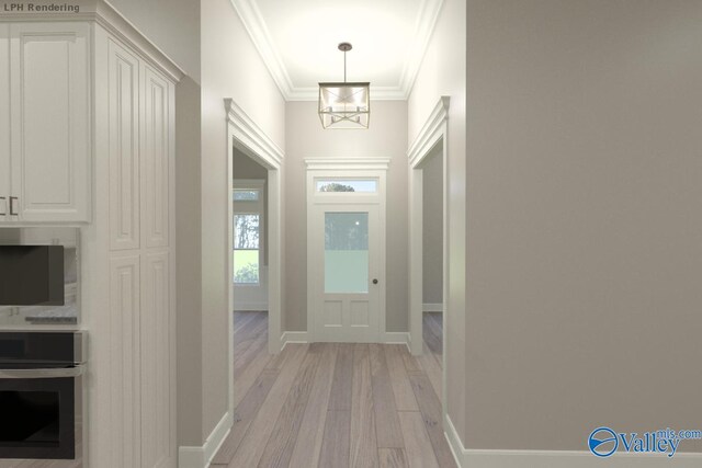 doorway with light wood-type flooring, crown molding, and an inviting chandelier