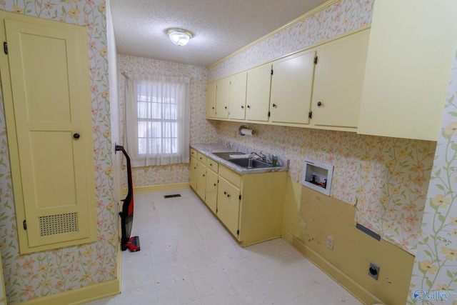 clothes washing area with sink, cabinets, washer hookup, hookup for an electric dryer, and a textured ceiling