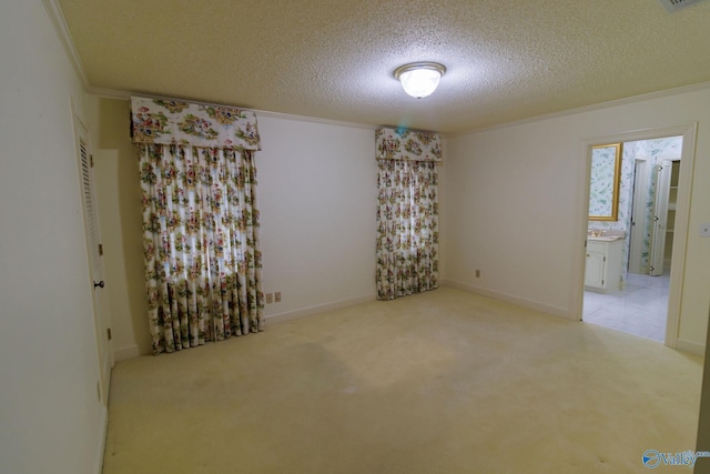 spare room featuring ornamental molding, light carpet, and a textured ceiling