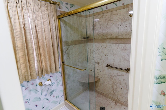 bathroom featuring a shower with shower door