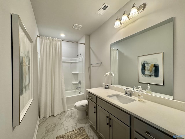 bathroom with marble finish floor, visible vents, vanity, and shower / bathtub combination with curtain