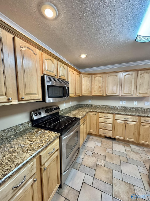 kitchen with appliances with stainless steel finishes, light brown cabinetry, dark stone counters, crown molding, and a textured ceiling