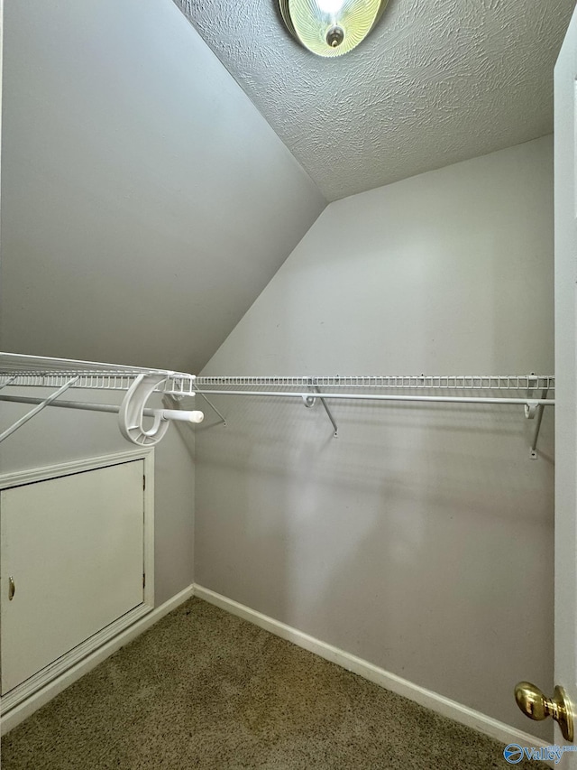 walk in closet with vaulted ceiling and carpet floors