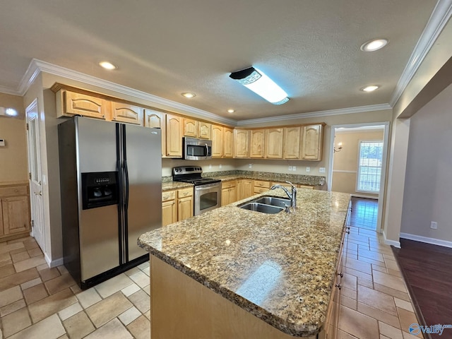 kitchen with stainless steel appliances, ornamental molding, sink, and a kitchen island with sink