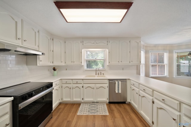 2010 Burlington Dr SE, Huntsville, AL 35803 - kitchen featuring electric range, dishwasher, under cabinet range hood, light wood-style flooring, and decorative backsplash