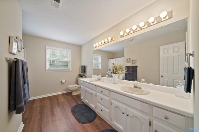 2010 Burlington Dr SE, Huntsville, AL 35803 - bathroom featuring double vanity, wood finished floors, a shower with curtain, and a textured ceiling