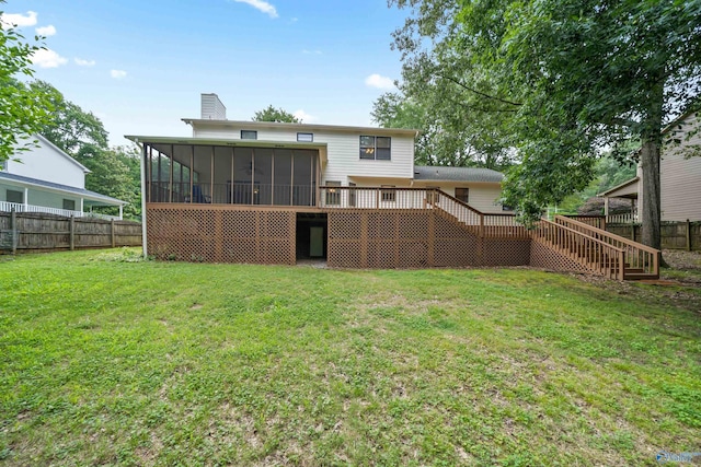 2010 Burlington Dr SE, Huntsville, AL 35803 - back of house featuring stairway, a sunroom, a chimney, and a wooden deck