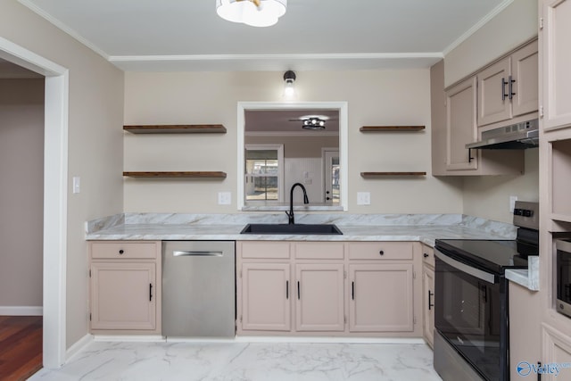 kitchen featuring crown molding, stainless steel appliances, and sink