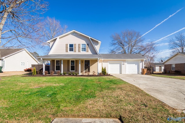 view of front of home with a garage, a porch, and a front yard