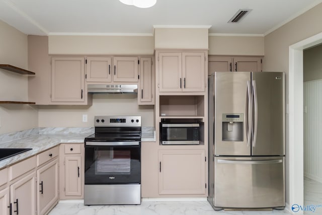 kitchen with ornamental molding, cream cabinetry, and appliances with stainless steel finishes