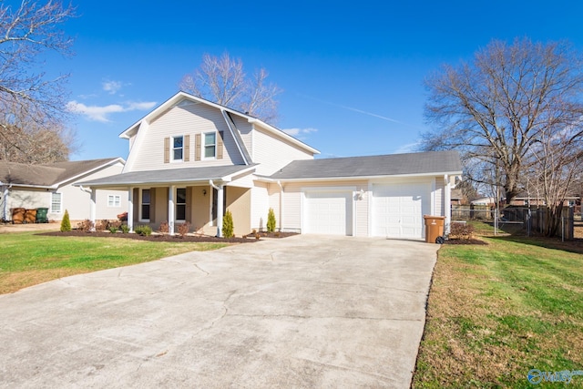 view of front of home with a porch, a garage, and a front yard