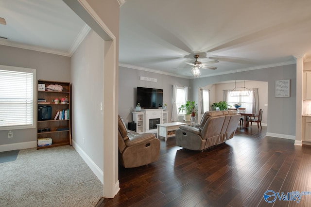 living room with crown molding, dark hardwood / wood-style flooring, and ceiling fan