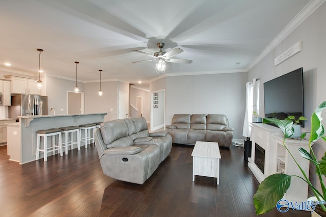 living room with sink, ceiling fan, dark hardwood / wood-style flooring, and ornamental molding