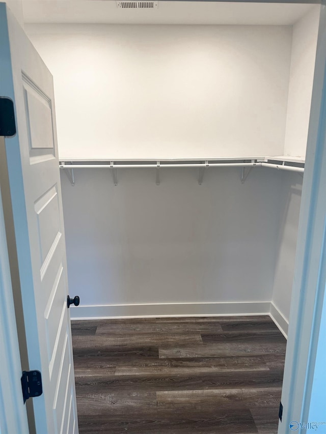 walk in closet with dark hardwood / wood-style floors