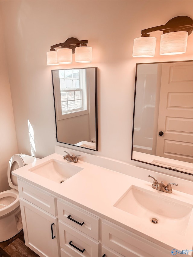 bathroom with toilet, hardwood / wood-style floors, and vanity