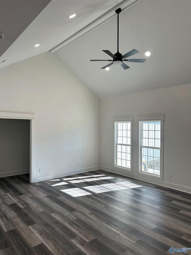 empty room with high vaulted ceiling, ceiling fan, dark hardwood / wood-style floors, and beamed ceiling