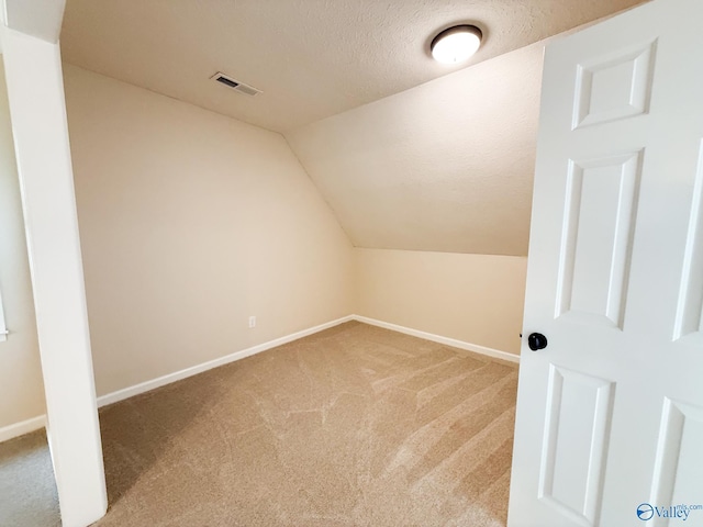 additional living space featuring baseboards, carpet, lofted ceiling, and a textured ceiling