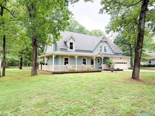 farmhouse inspired home featuring covered porch, driveway, a front lawn, and an attached garage