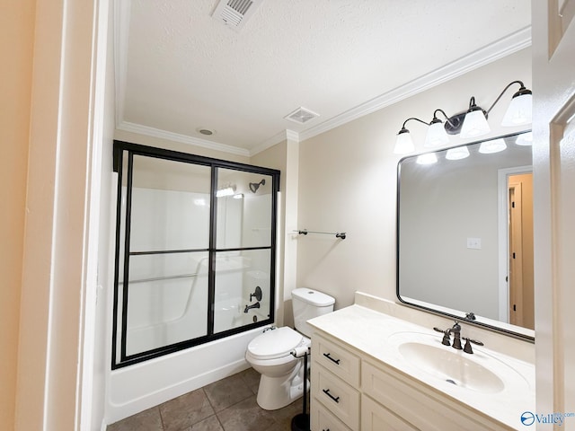 bathroom with crown molding, shower / bath combination with glass door, toilet, vanity, and a textured ceiling