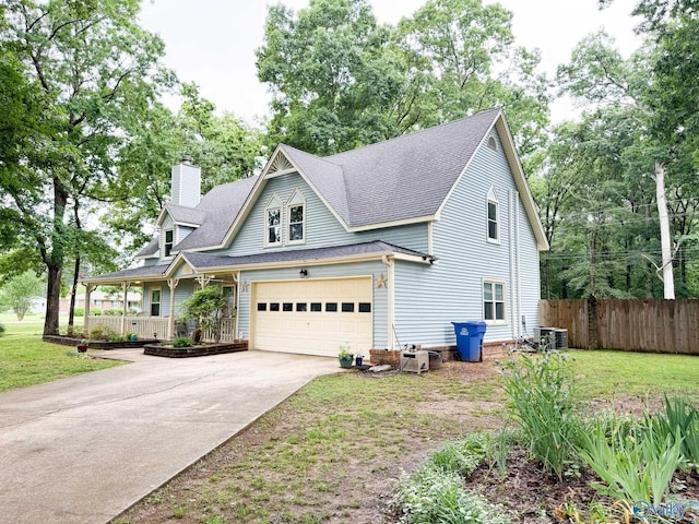 view of front of house with driveway, roof with shingles, a chimney, central air condition unit, and view of scattered trees