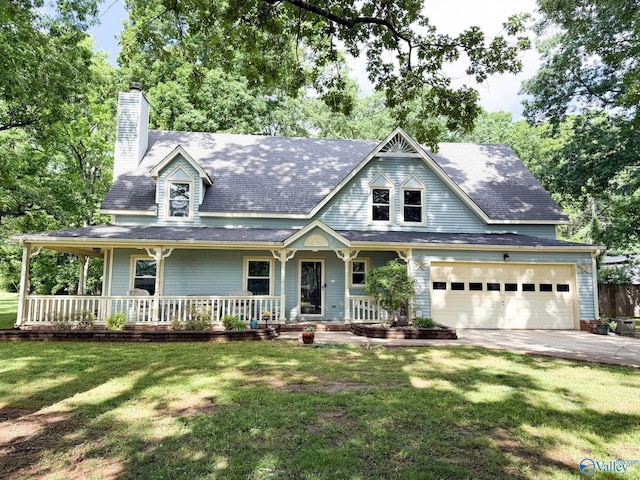 view of front facade featuring a chimney, a porch, concrete driveway, and a front lawn