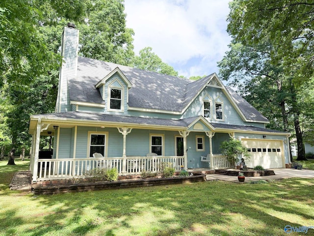 view of front of property with a porch, an attached garage, concrete driveway, and a chimney