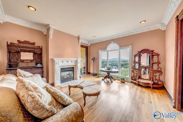 living room with light wood-type flooring, a premium fireplace, and crown molding