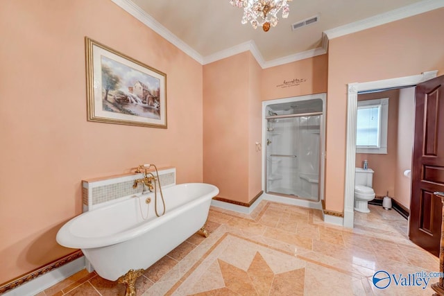 bathroom featuring independent shower and bath, ornamental molding, and toilet