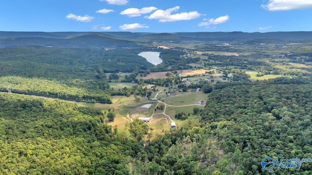 bird's eye view with a water and mountain view