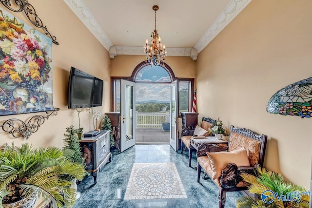 sitting room featuring an inviting chandelier and beam ceiling