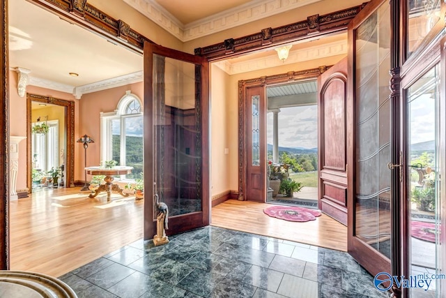 entrance foyer with crown molding, dark hardwood / wood-style floors, and a wealth of natural light