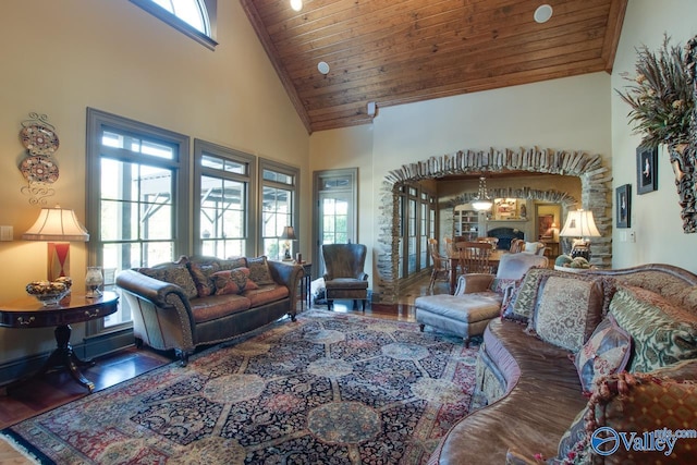 living room featuring wooden ceiling, high vaulted ceiling, and hardwood / wood-style flooring