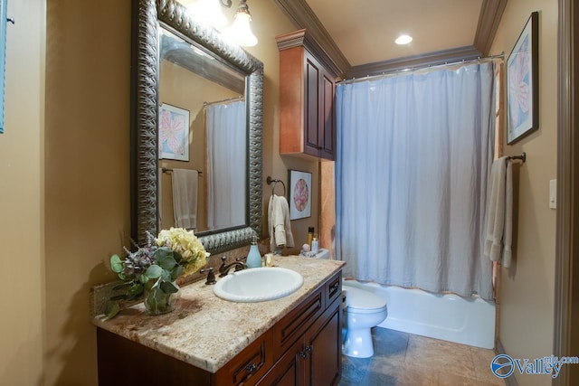 full bathroom with toilet, shower / bath combo with shower curtain, vanity, and crown molding