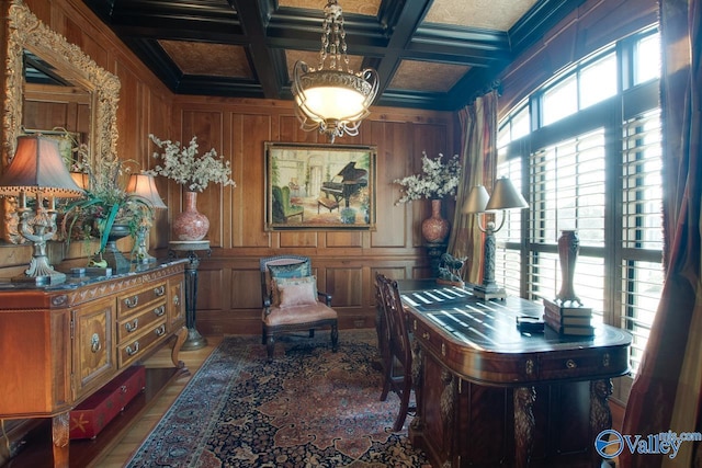 office area featuring beam ceiling, wooden walls, crown molding, and coffered ceiling