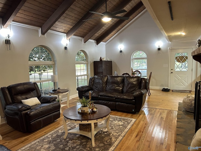 living area with light wood-style floors, high vaulted ceiling, wooden ceiling, beamed ceiling, and baseboards