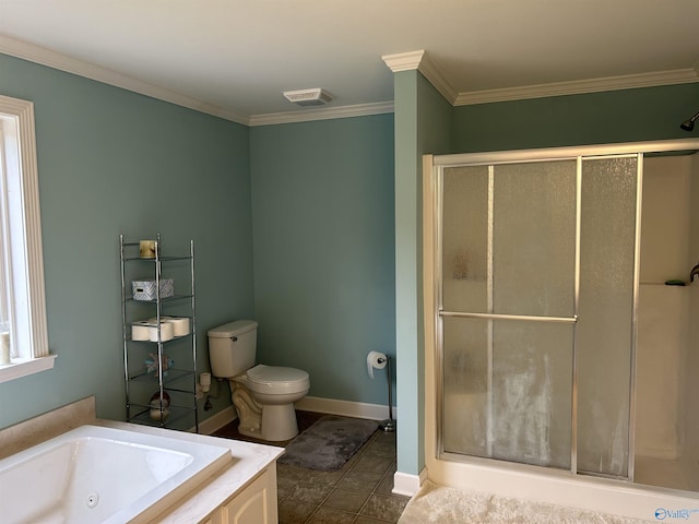 bathroom featuring a stall shower, baseboards, toilet, ornamental molding, and a whirlpool tub