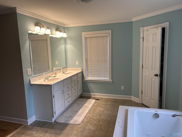 full bathroom featuring crown molding, double vanity, a whirlpool tub, and baseboards