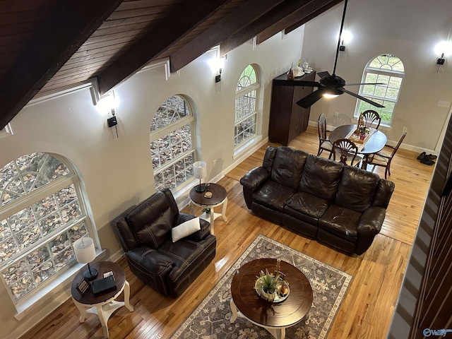 living area featuring baseboards, wood ceiling, beamed ceiling, wood finished floors, and high vaulted ceiling