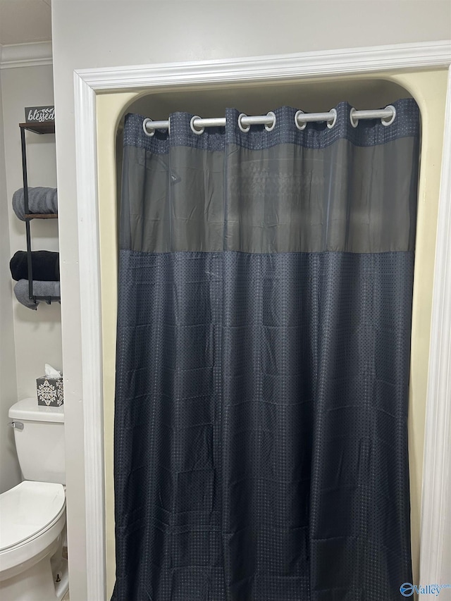 full bath featuring ornamental molding, a shower with shower curtain, and toilet