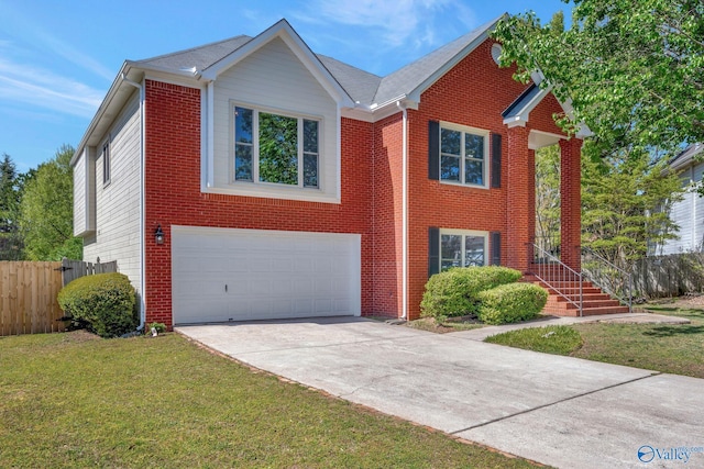 traditional-style house featuring an attached garage, fence, brick siding, a front lawn, and driveway
