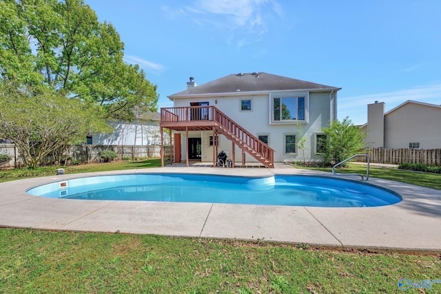 view of pool with a fenced backyard, a fenced in pool, a patio area, and stairs