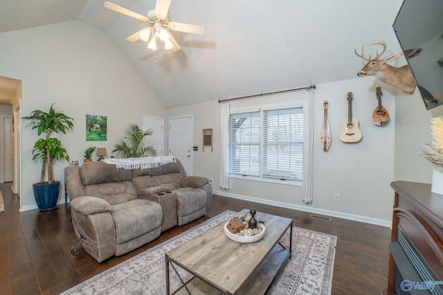 living room with ceiling fan, dark wood-type flooring, and vaulted ceiling