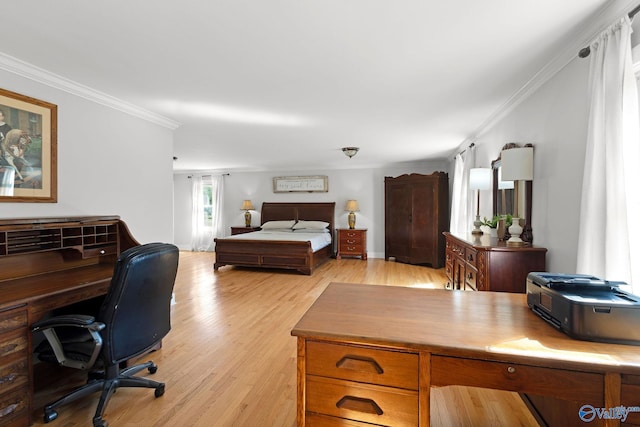 bedroom with light wood-type flooring and ornamental molding
