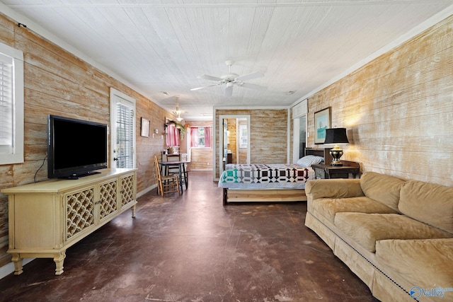 living room featuring ceiling fan, wood walls, finished concrete floors, and wooden ceiling