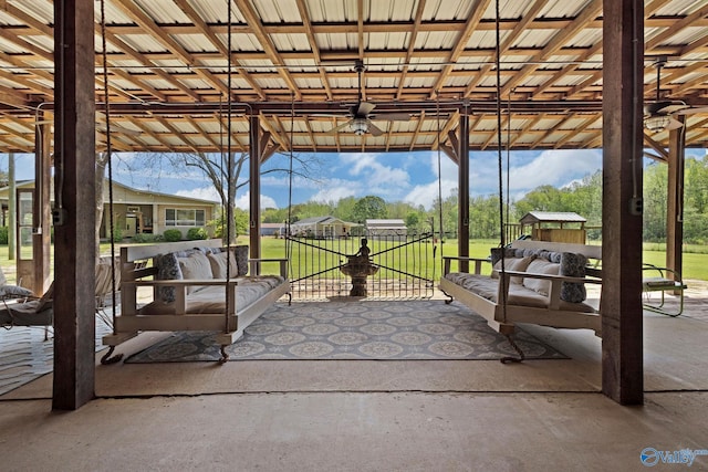 view of patio with an outdoor hangout area and a ceiling fan